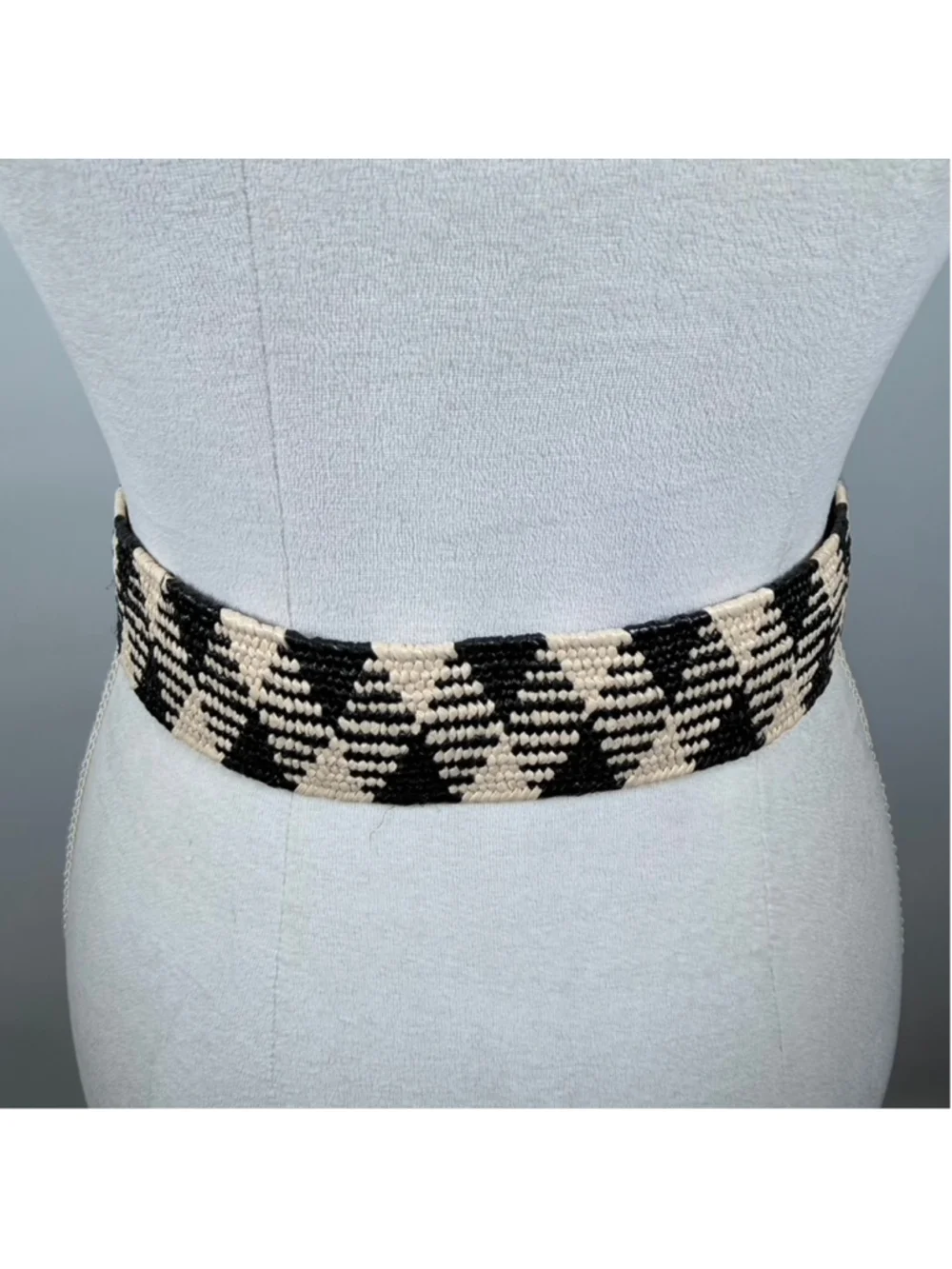 Bohemian Stretch Raffia Belt Black Beige Knit Woven Waist Belt Coastal Size M/L